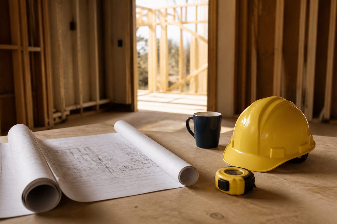 A jobsite table with rolled plans and a hard hat, house framing in the background.