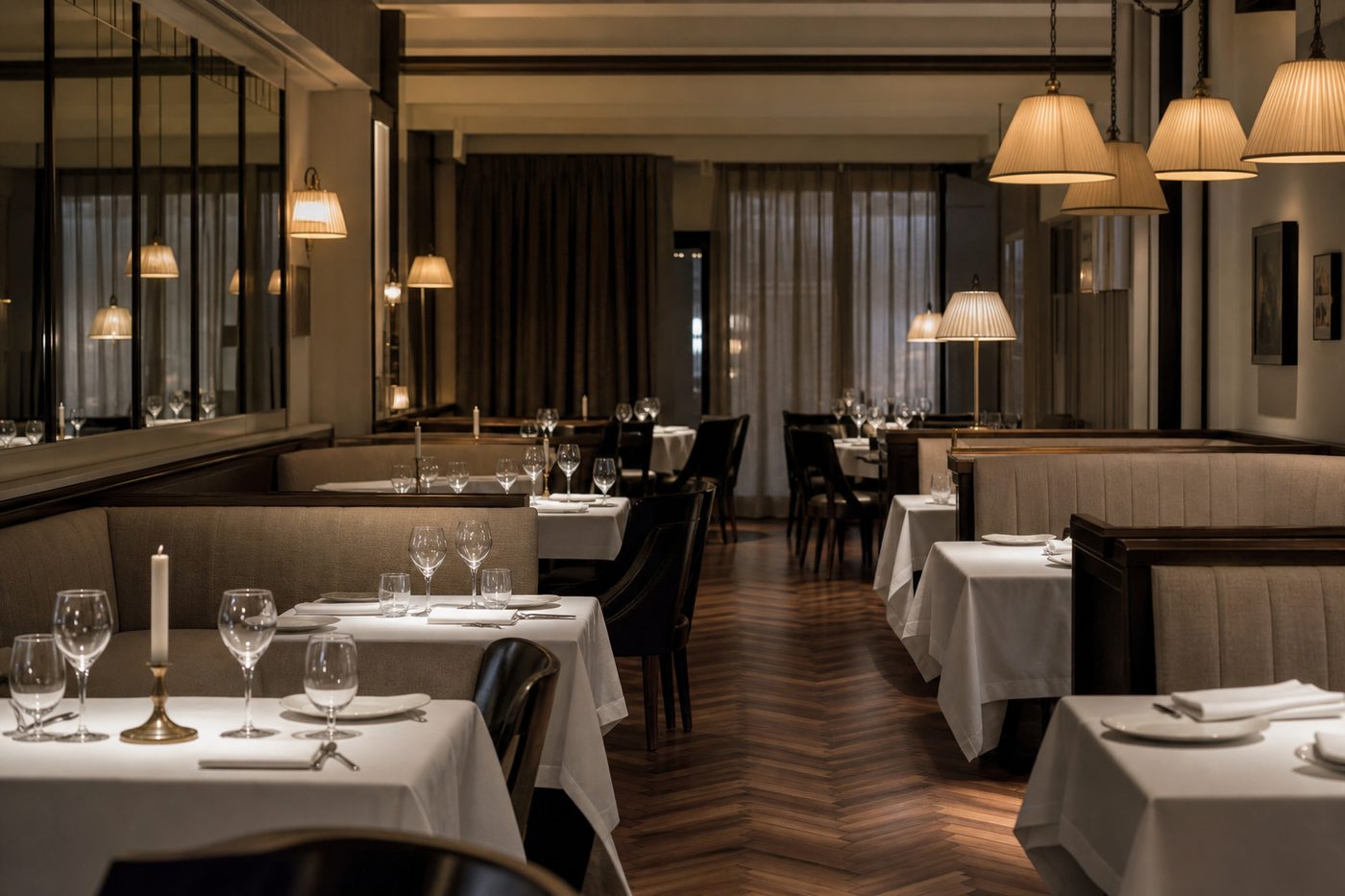 An empty restaurant dining room set for evening service.