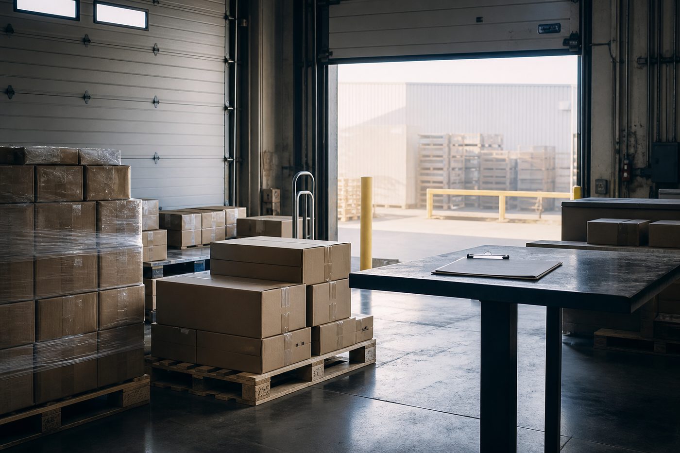 A loading dock with pallets, cartons, and a clipboard in morning light.