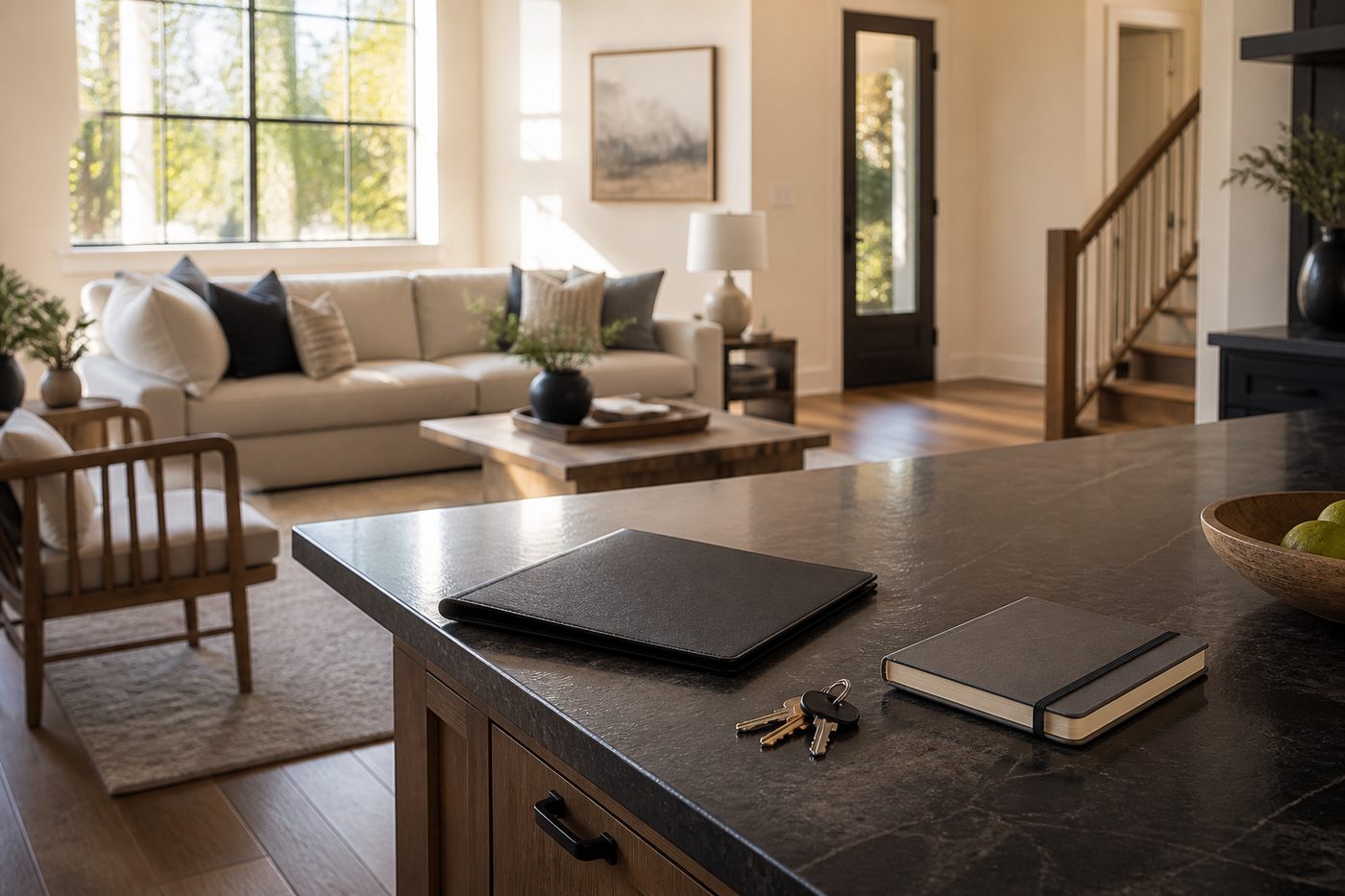 A sunlit living room staged for a showing, with a listing folder on the kitchen island.