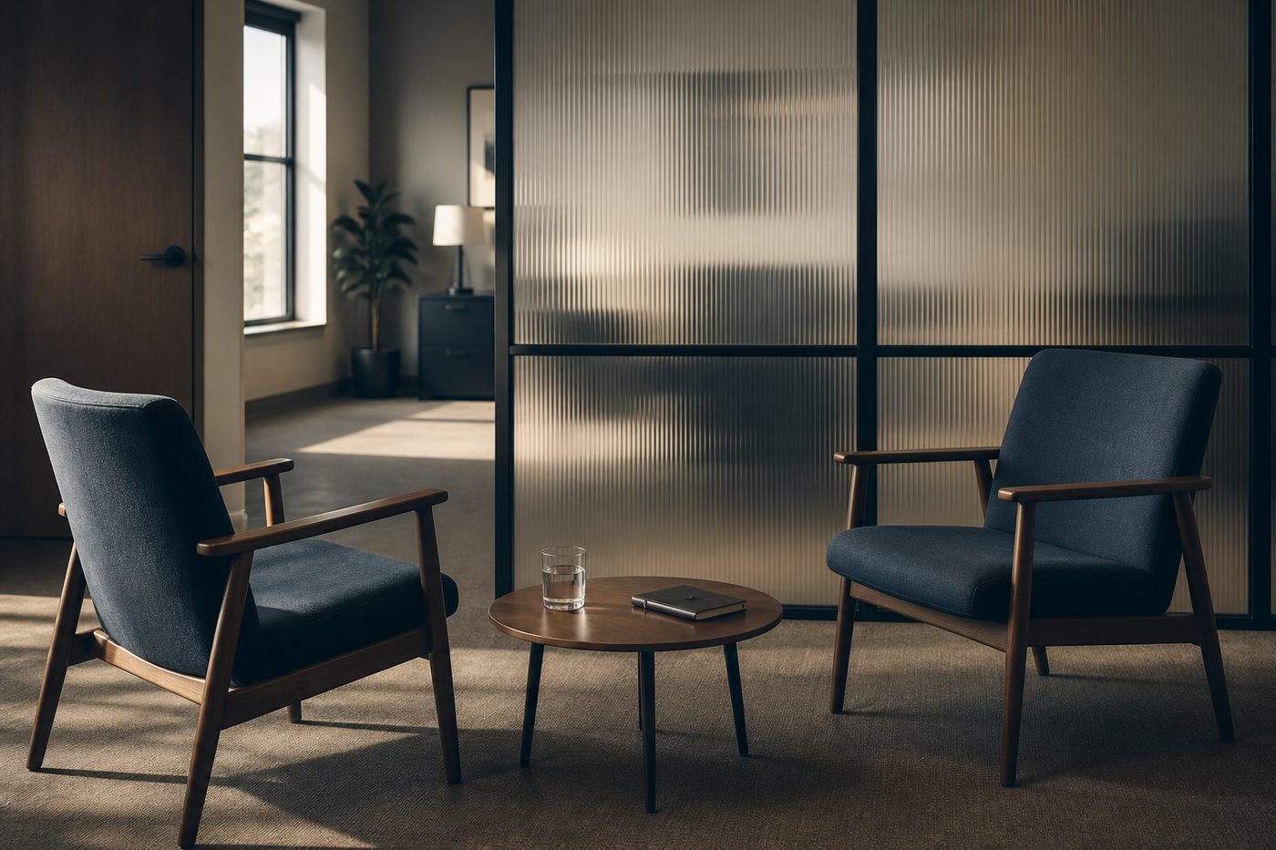 An empty interview room with two chairs, a glass of water, and a closed notebook.