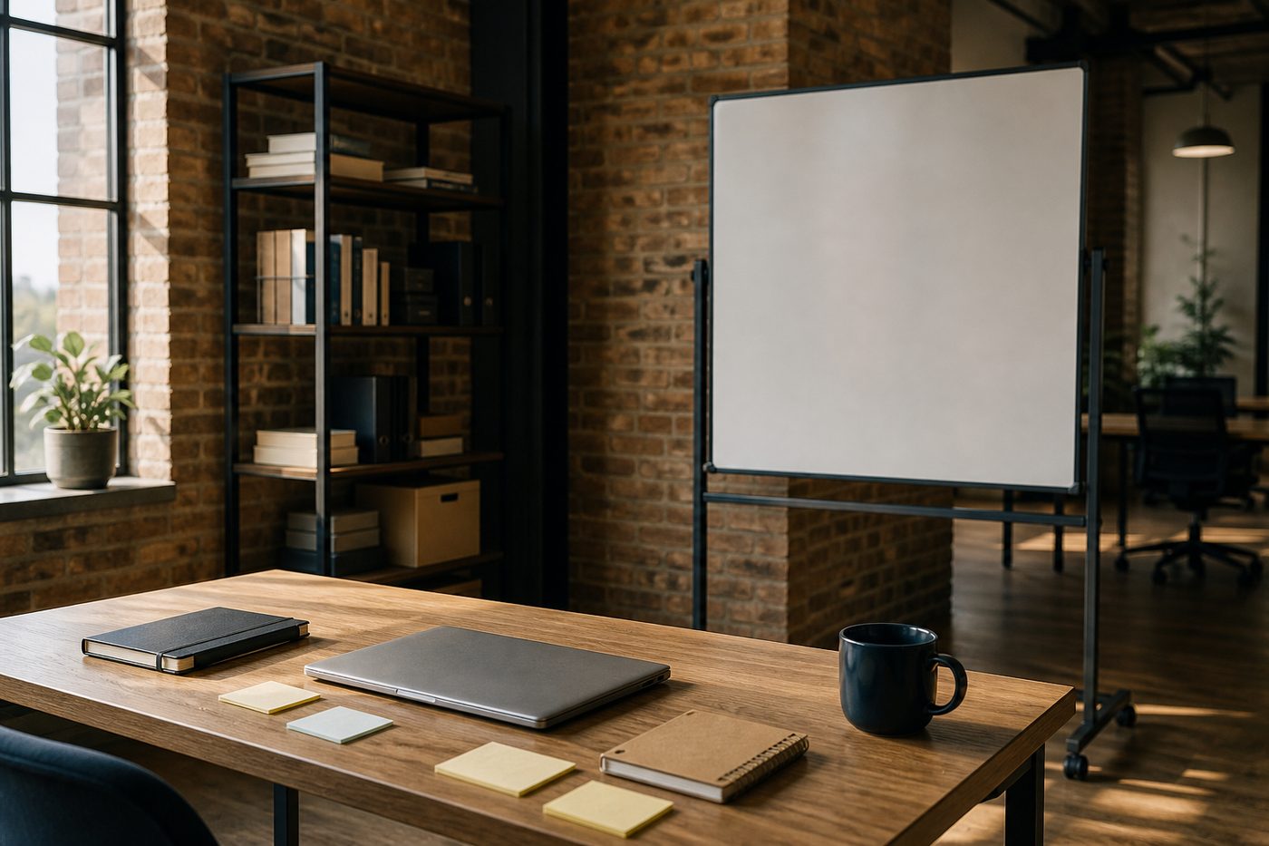 A loft workspace with an oak desk, closed laptop, and an empty whiteboard.